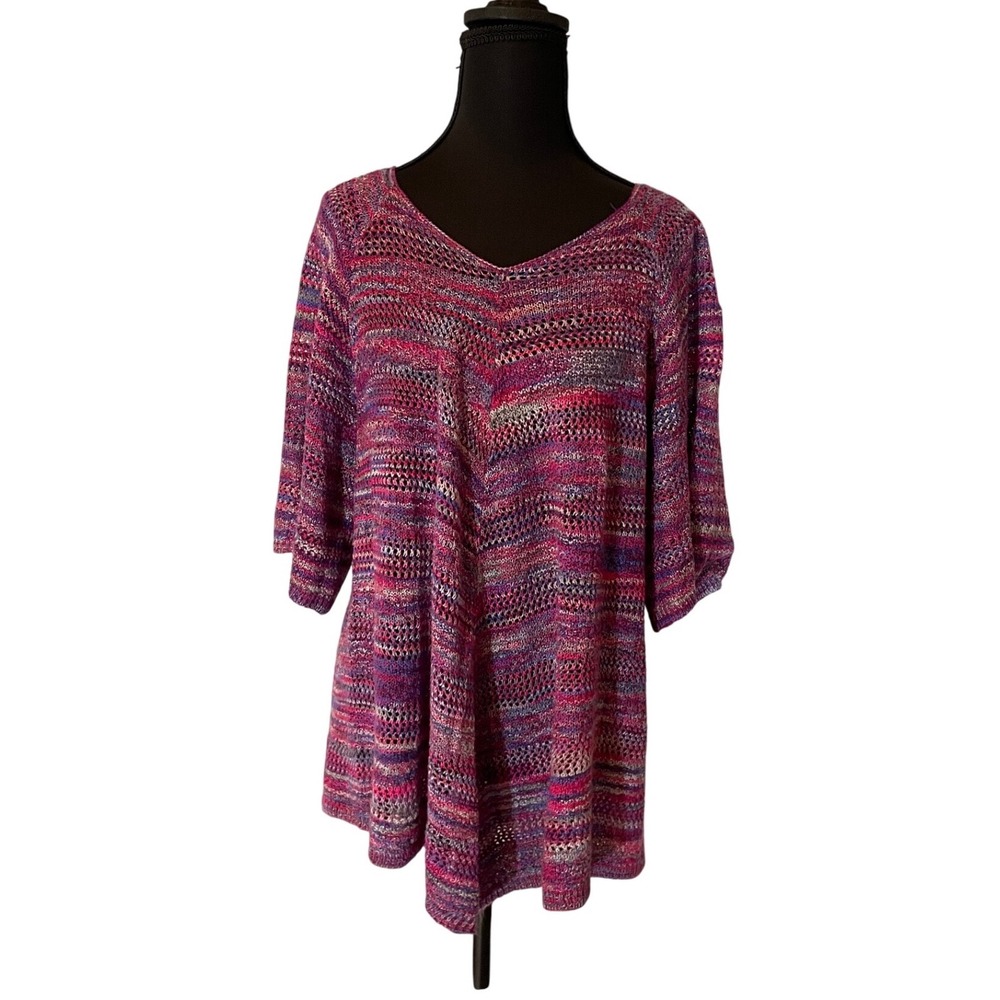 Womens Multicolored Open Knit V Neck Pullover Sweater Top Size L Boho Resortwear